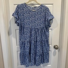 Fit and Flare Ruffled Cap Sleeve Midi Dress Large Blue w/White flowers