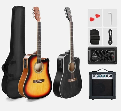 41" Full Size Acoustic Electric Folk Guitar W/10W Amp Bag Strap Capo Tuner Pick