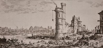 Large engraving signed ''Tour de Nesle et vue du Pont-Neuf Paris'' Jacques Callot