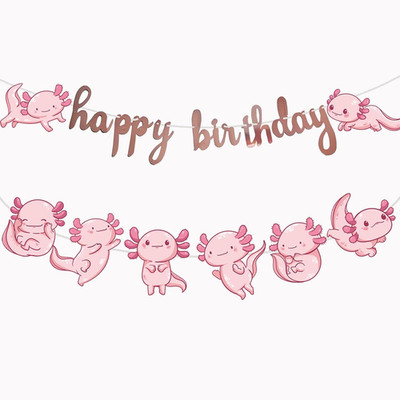 2 Pcs Axolotl Happy Birthday Banner Pink Cartoon Axolotl Aquatic Creature Hexago