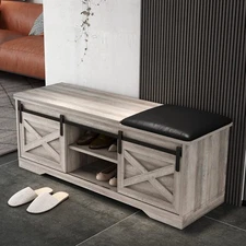 Shoe Rack Storage Bench w/Cushion Sliding X Barn Door Entryway Organizer Cabinet