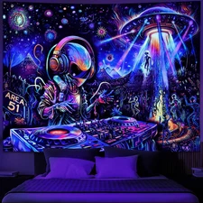 Blacklight Alien UFO Tapestry Trippy Galaxy Planet Wall Hanging UV Reactive 59"