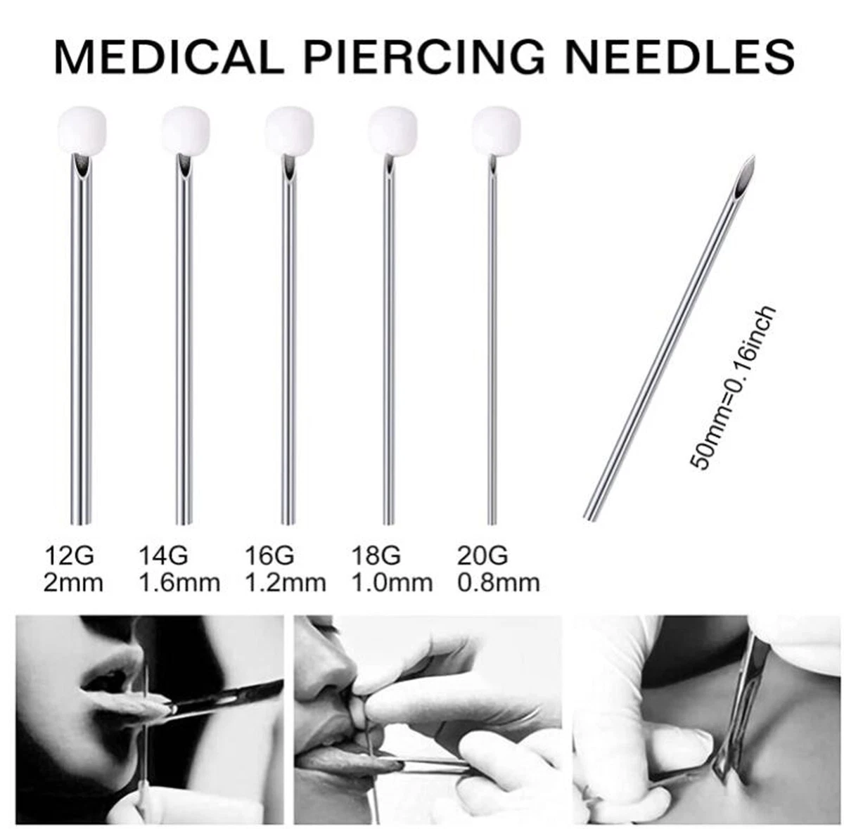 Set of 100 needles for piercings in your choice of gauge