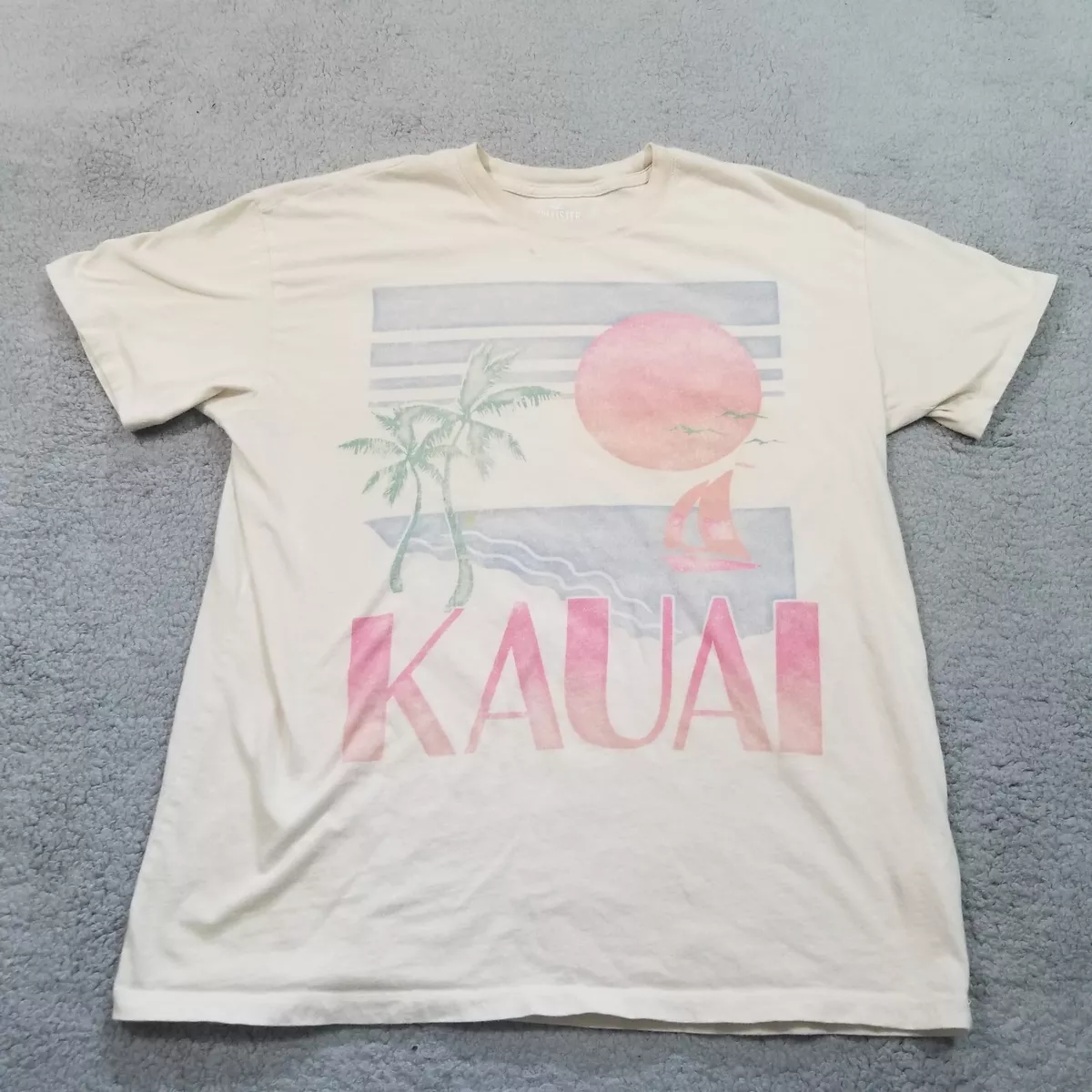 Hollister Shirt Mens Medium Light Tan Pink Kauai Hawaii Palm Beach