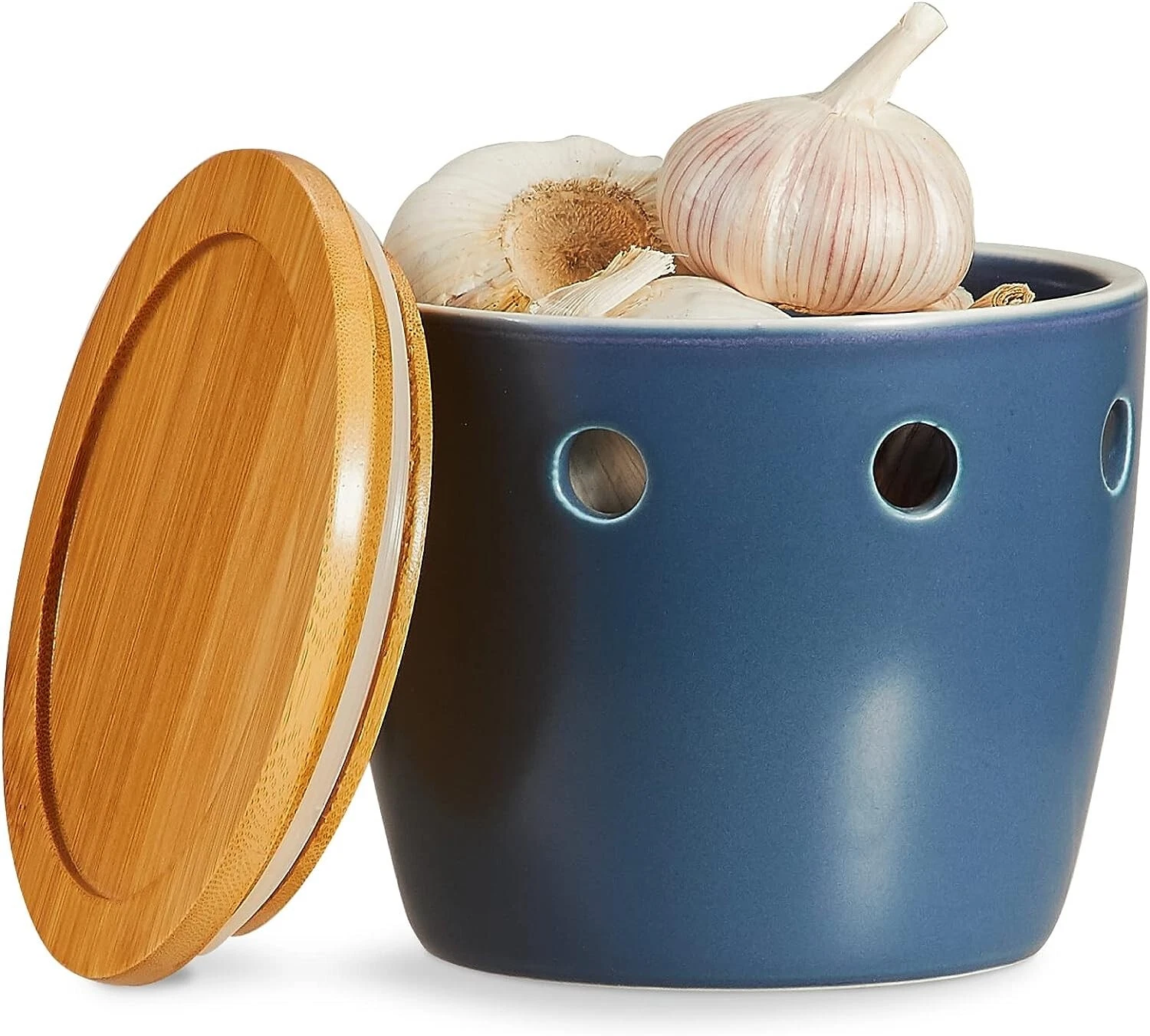 Garlic Keeper with Lid, Ceramic Garlic Saver 5 Inch for Counter Blue