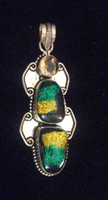 Art Deco Glass Simulated Silver Pendant Black, Green & Gold 3''  8 MM Smok Quartz