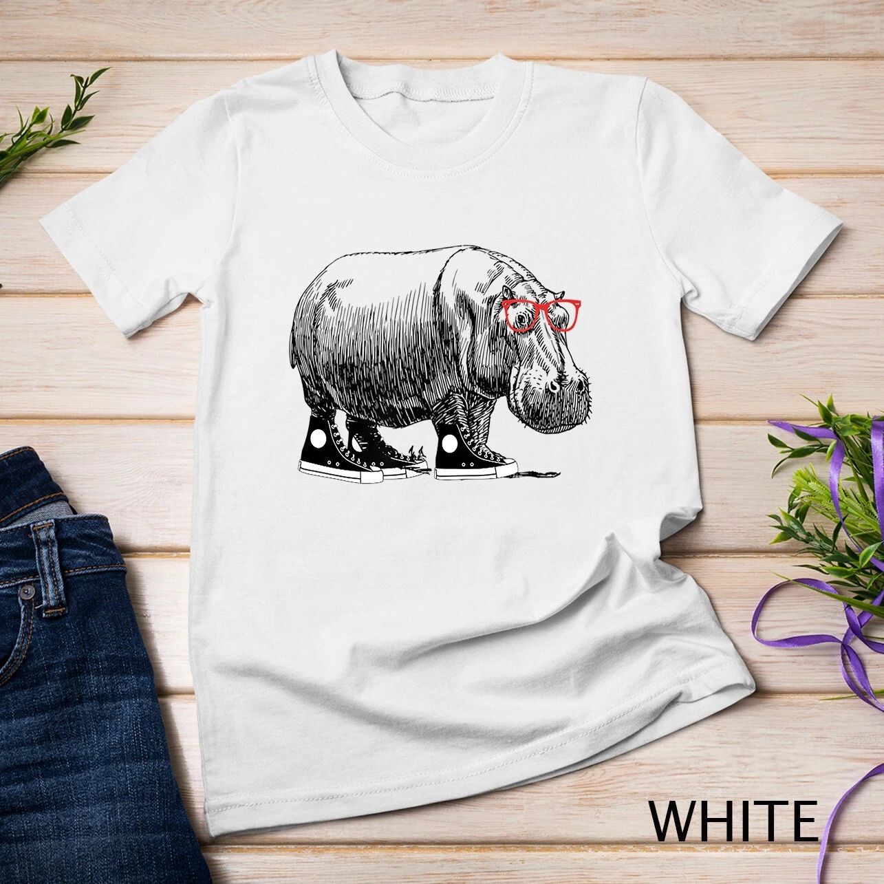 Hippo Wearing Sneakers and Glasses Cool Design Unisex T shirt