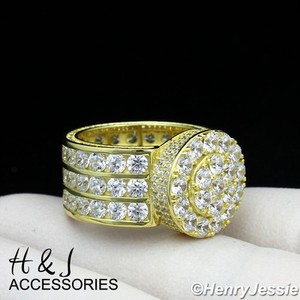 Authentic MEN 925 STERLING SILVER ICY CZ GOLD PLATED 3D ROUND RING*AGR65