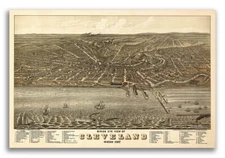 Bird's Eye View 1877 Cleveland Ohio Vintage Style City Map - 16x24
