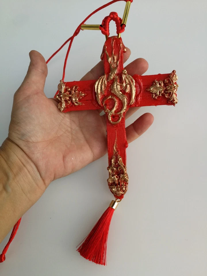Cruz Crucifijo Madera Bruja Colgante Talismán Oculto Dragón Rojo Rojo Rojo Pagano Gótico Foto 2 de 4