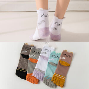 5 Paar Damen Baumwolle Fünf Finger Socken Katze Eule Gepunktet Bedruckt Zeh Süß