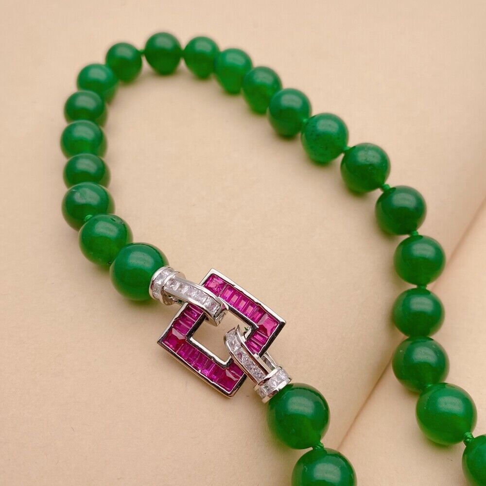 Green Jade Necklace Fuchsia Cz Pave Clasp Jewelry Gifts Women Men