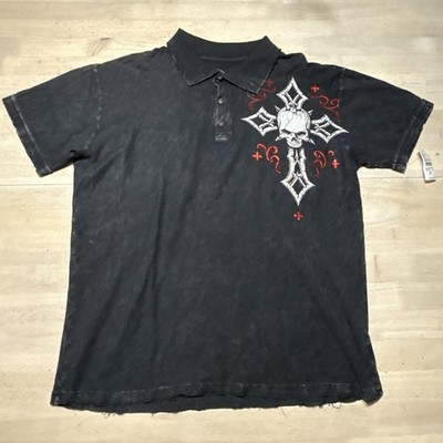Men s Affliction Clothing Acid Wash Distressed Polo Shirt Mens 2XL Black