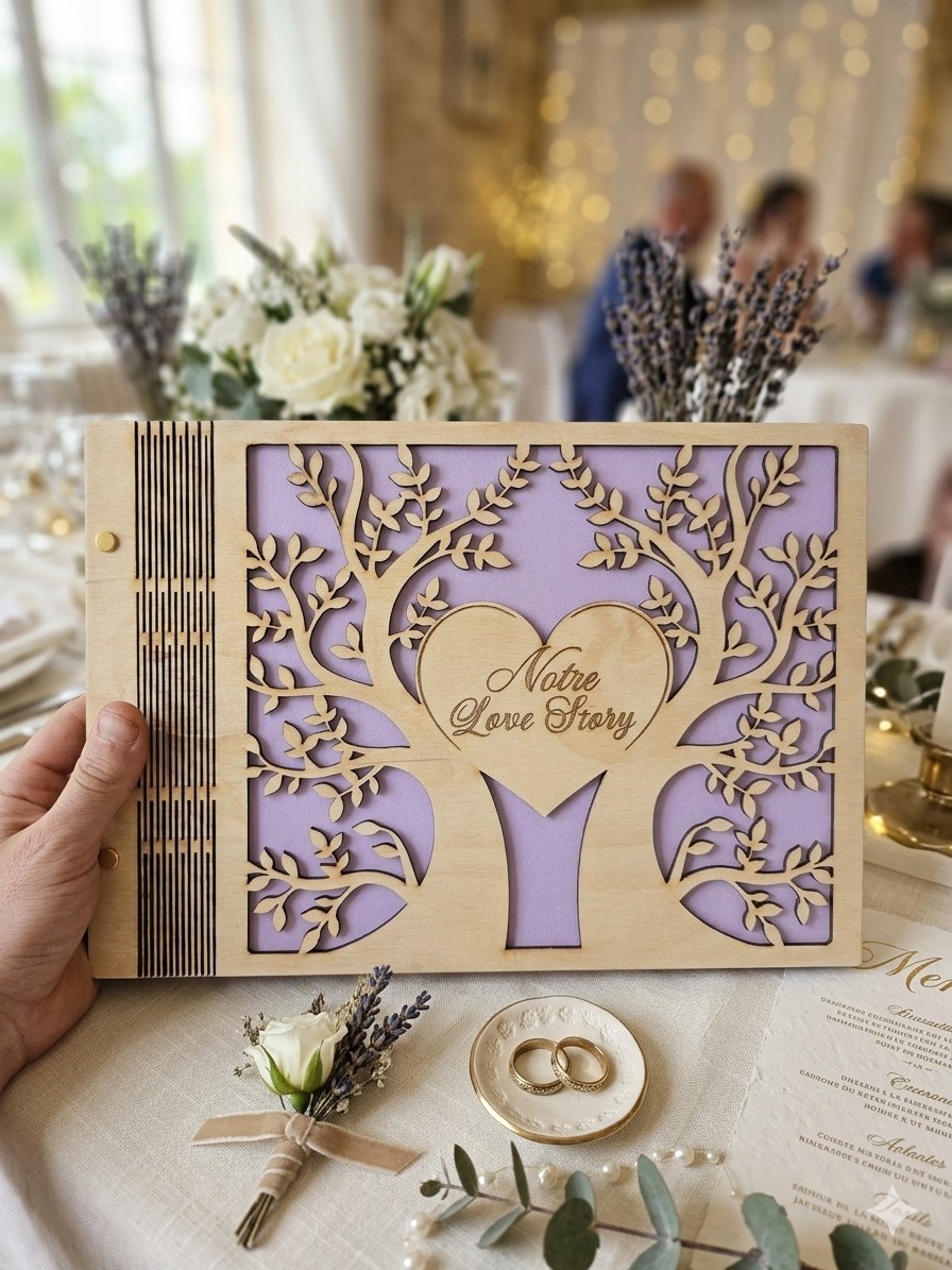 Livre d'or de mariage en bois d'olivier sculpté pour un souvenir intemporel