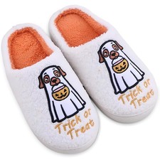 Halloween Slippers for Women Men Warm Cozy 5.5-6.5 Women/5-6 Men, Pumpkin Dog