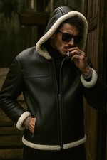 Men Black Genuine Leather Jacket with Hood- Winter Coat 100 Real Leather