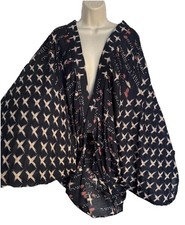 Free People Modal Kimono Cardigan OS Open Front Navy Abstract Print BOHO Retro