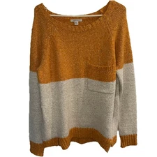 Cozy Casual Marbled Gray/orange Striped Long Sleeve Fuzzy Sweater Women’s M/L 