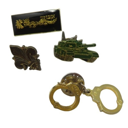 Vintage Enamel Pin Lot 4pc Handcuffs Tank Dragon Fleur De Lis Gold Tone