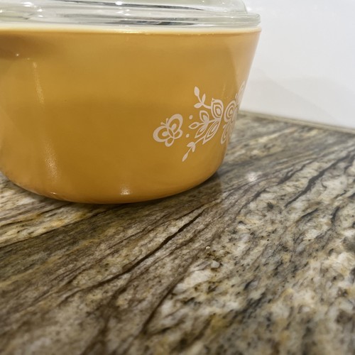 VINTAGE PYREX Butterfly Gold White Flower Bowl Casserole Dish #473 1qt 🇺🇸 - Picture 11 of 24