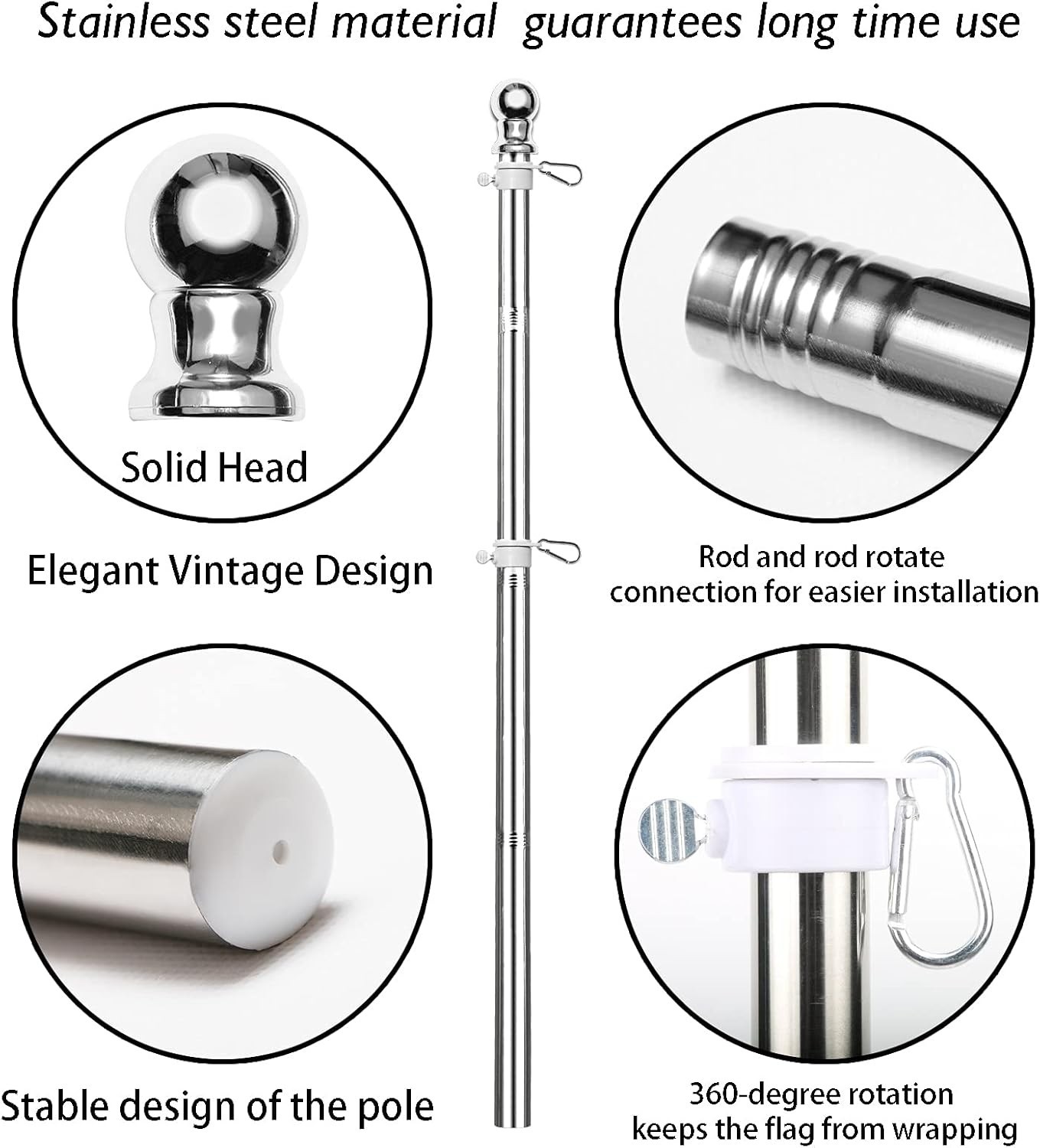 6 FT Stainless Steel Flag Pole Kit with Rotating Rings & Easy Assembly - Silver