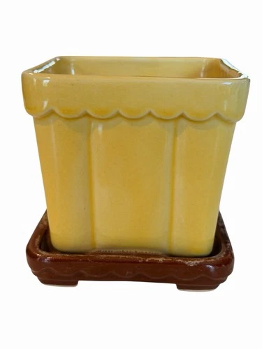 Vintage Shawnee Yellow Square Ceramic Planter w/ Brown Saucer Mid Century USA