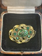 Vintage Victorian Revival Brooch Green Foil Art Glass Cabochon Emerald Gilt