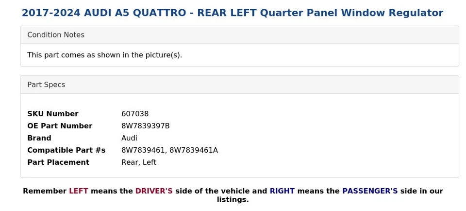 2017-2024 AUDI A5 QUATTRO - REAR LEFT Quarter Panel Window Regulator - Image 3 of 4