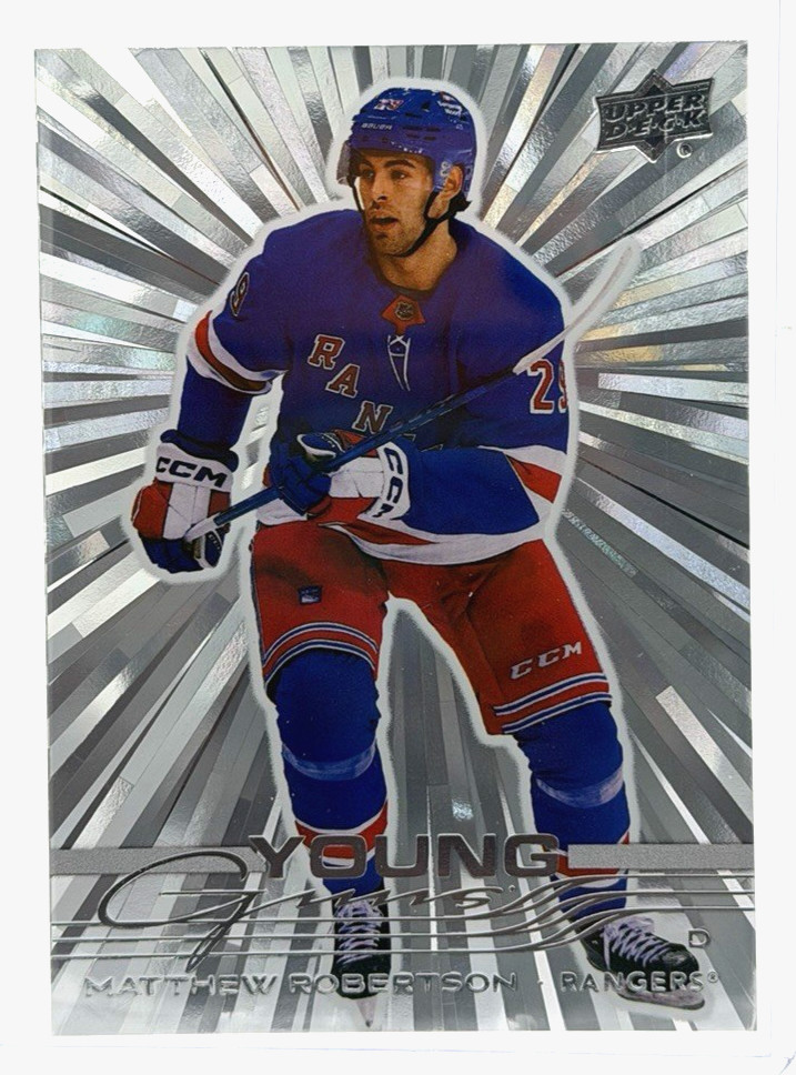 2025-26 Upper Deck #239 Matthew Robertson Silver Outburst Young Guns Rangers