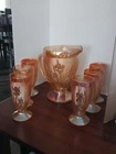 Vintage Jeanette Iris Herringbone Marigold Carnival Glass Pitcher & 6 Glasses