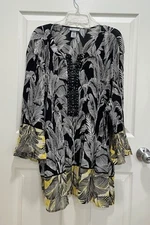 CATHERINES Womens 4X Pleated Tunic Top Beaded Black White Yellow Bell Sleeve