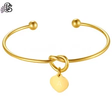 Women Initial Letter A to Z Heart Charm Steel Bracelet Knot Bridesmaid Open Cuff