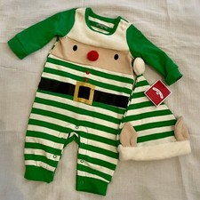 Holiday Time Infant Elf Romper  Hat Set 3-6 Months Green White Striped Unisex