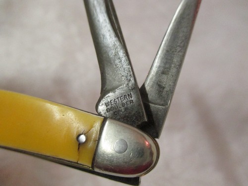 Vintage Western Boulder 3 Blade Pocket Knife yellow Handle - Picture 4 of 4