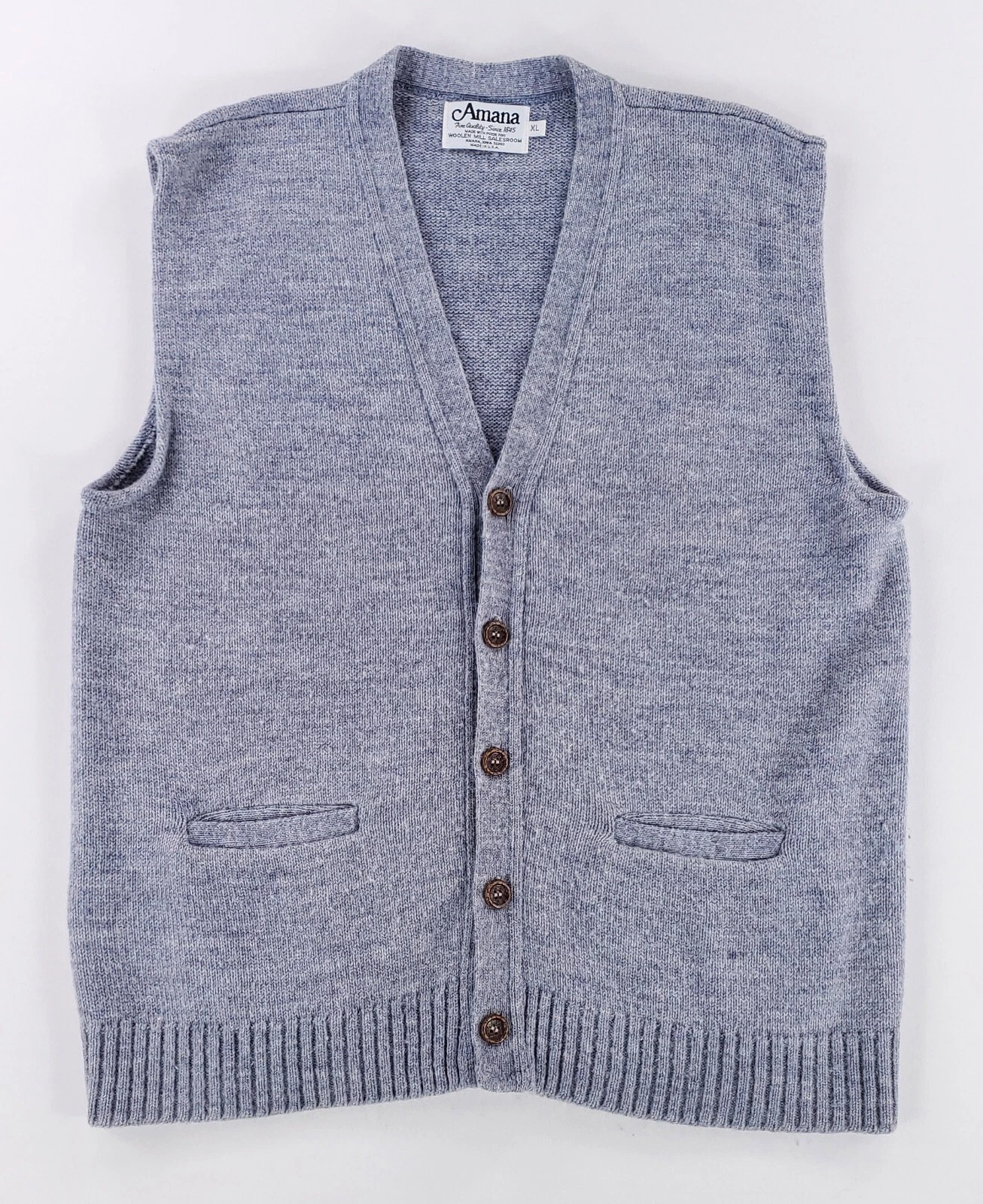 Amana Woolen Mill Wool Cardigan Sweater Vest Gray Made USA Mens XL