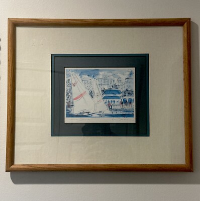 Val Sewell print  Summer Sails  Triple matted Wooden frame