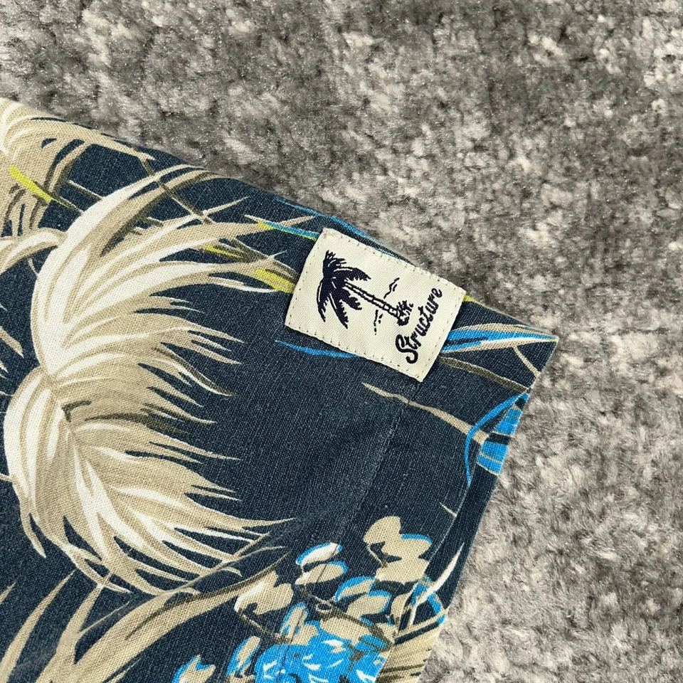 Vintage Structure Hawaiian Shirt Mens XL Blue Linen Blend Floral Print 90s Camp - Image 4 of 4