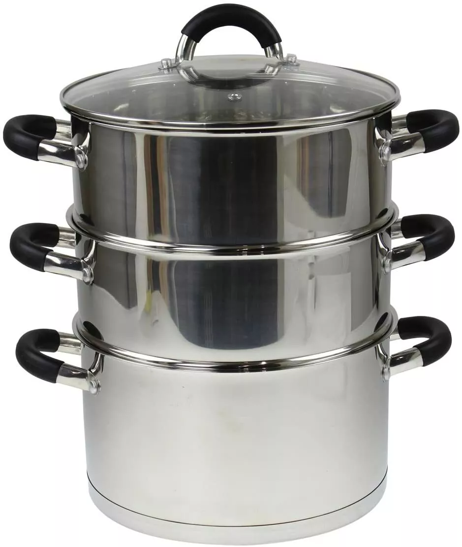 3 TIER INDUCTION HOB STAINLESS STEEL 24CM STEAMER POT PAN COOKER SET GLASS  LID