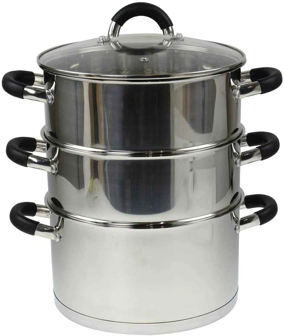 3 Tier Stainless Steel Induction Steamer Cooker Pot Set Glass Lid Saucepans 24cm