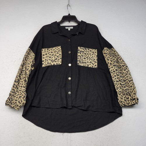 Umgee Shirt Damen Extra Large Schwarz Leinen Gepard Knopfleiste Oberteil Bluse