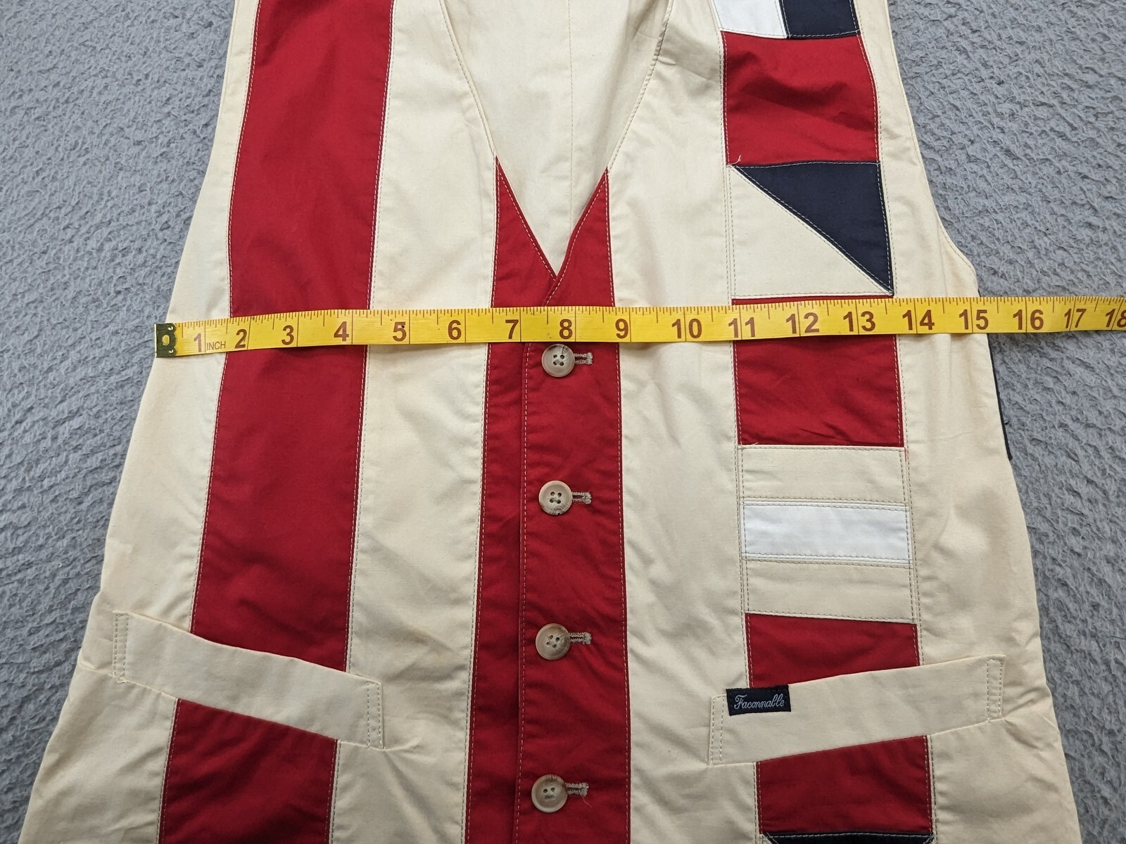 Navy, white, and red Faconnable vest women’s medium with gold star design, button front, and two front pockets.