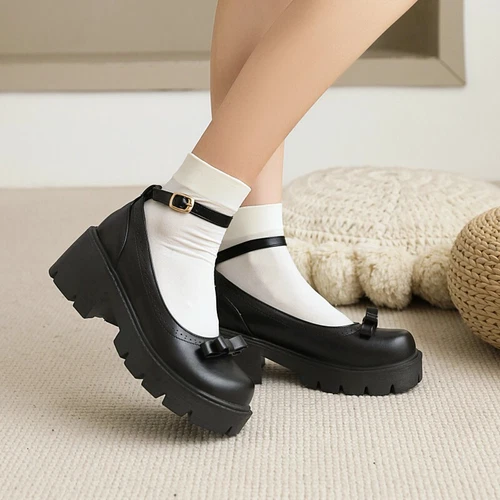 Zapatos de salón Lolita gruesos de tacón bajo Mary Jane con hebilla y punta redonda con moño para mujer - Imagen 5 de 16