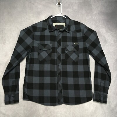 Brandit Mens Flannel Shirt size Large Long Sleeve Button Up Black Blue Check