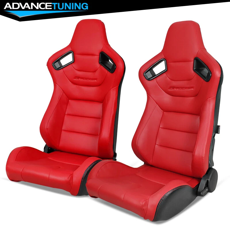 Reclinable Pair Racing Seats + Dual Sliders Red PU & Carbon Leather Foto 4 de 4