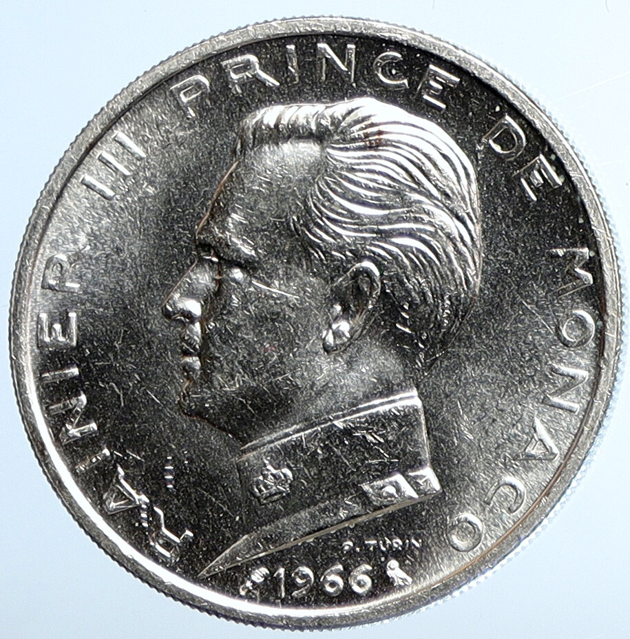 1966 MONACO King Rainier III Crown Antique Genuine Silver 5 Franc
