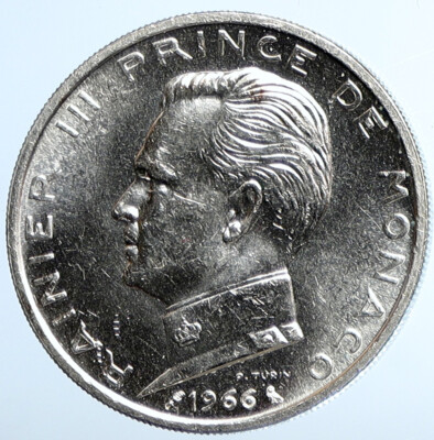 1966 MONACO King Rainier III Crown Antique Genuine Silver 5 Franc