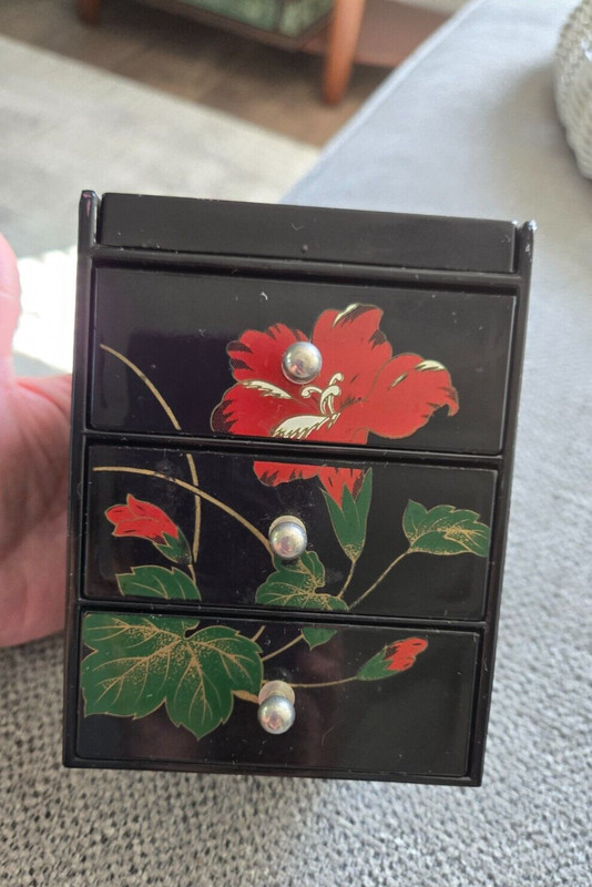 Vintage Black Lacquer Mirror Jewelry Box 3 Drawers Floral Bird Design Asian Box