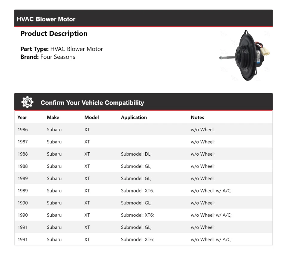 适用于 1986 - 1991 年斯巴鲁 XT HVAC 吹风机电机 4 季 1987 1989 1990 — 第 2/4 张图片