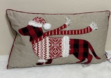 Christmas Sweater Dachshund Dog Plaid Rectangle Linen Feather Down Pillow 14x24"