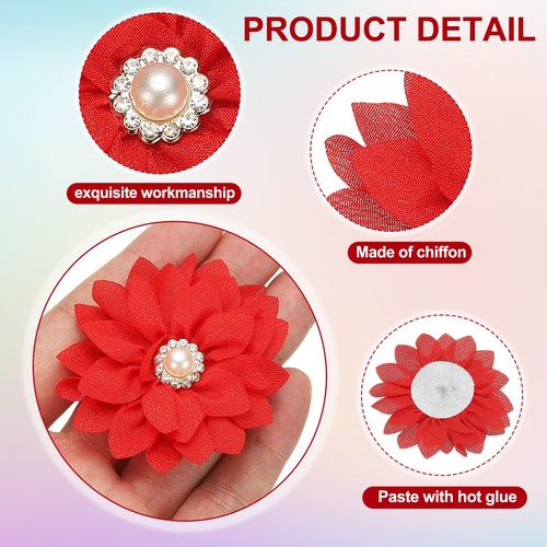 Flor de gasa con diamantes de imitación de 2,36 pulgadas, apliques de tela de 6 piezas, rojo - Imagen 3 de 7